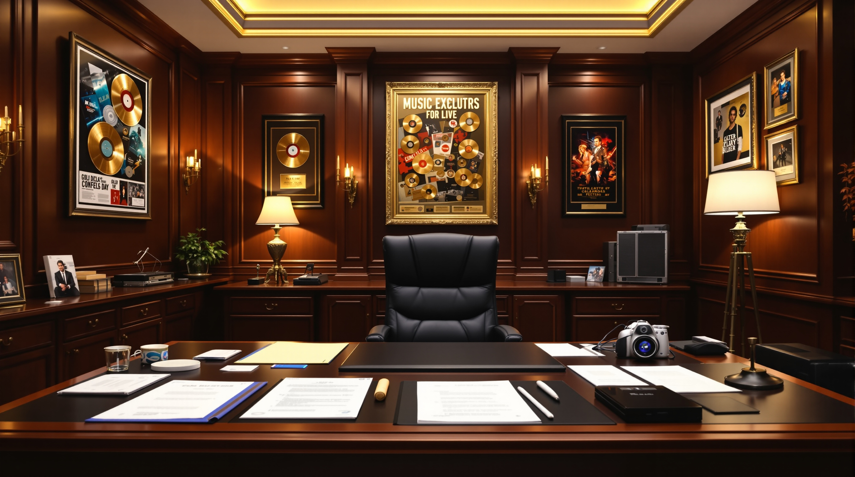 Music licensing company executive office with gold records on the wall
