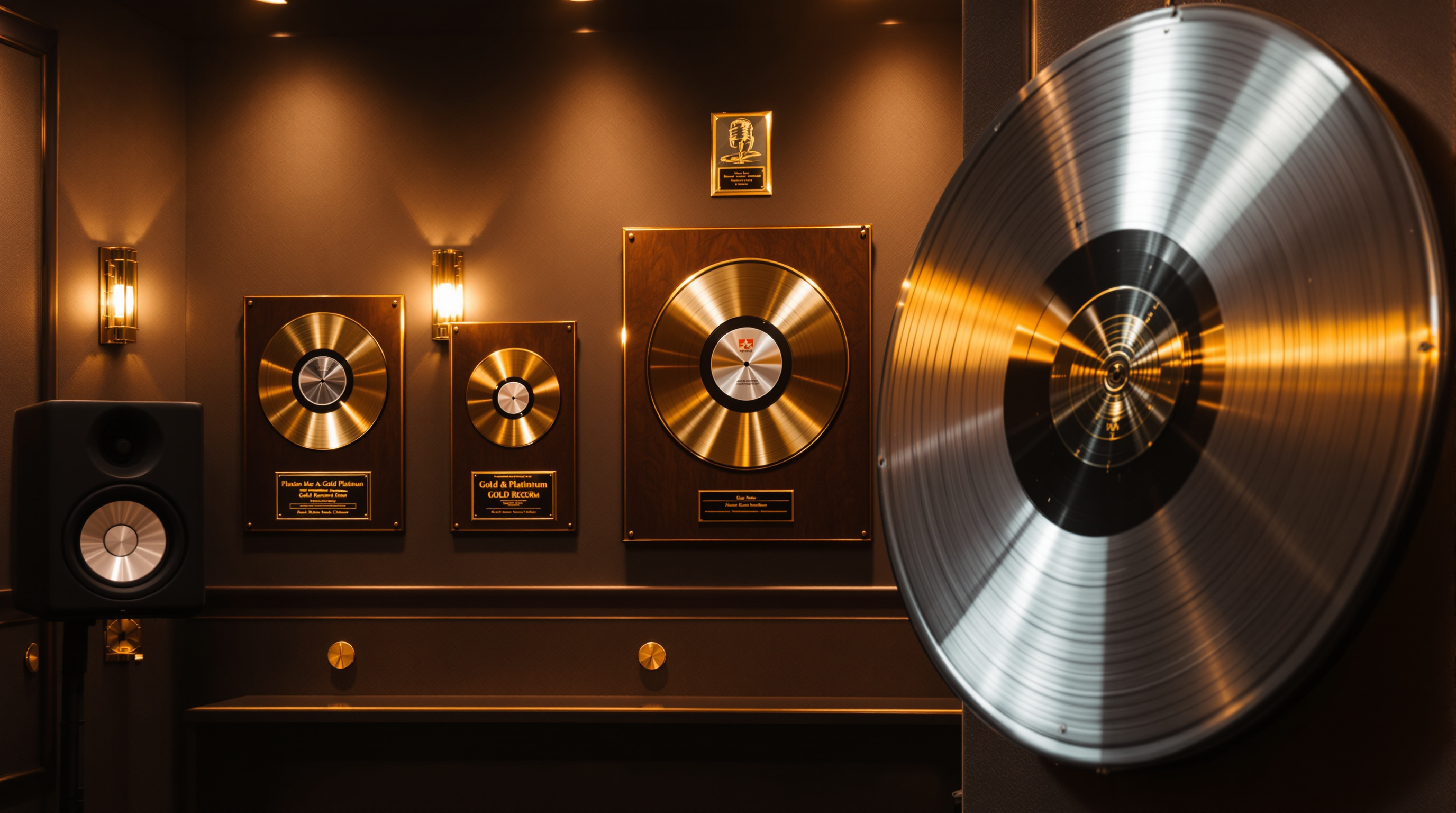 Recording studio with gold and platinum records representing iconic hit song catalog